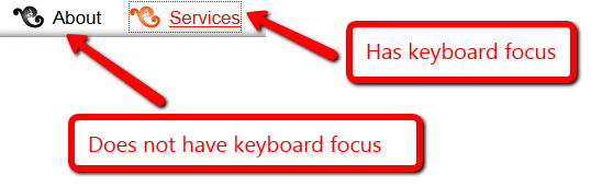 About link is black and the Services link, which has keyboard focus, is orange with a dotted outline