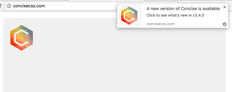 A browser notification displaying on the concisecss.com website, using the Notification API